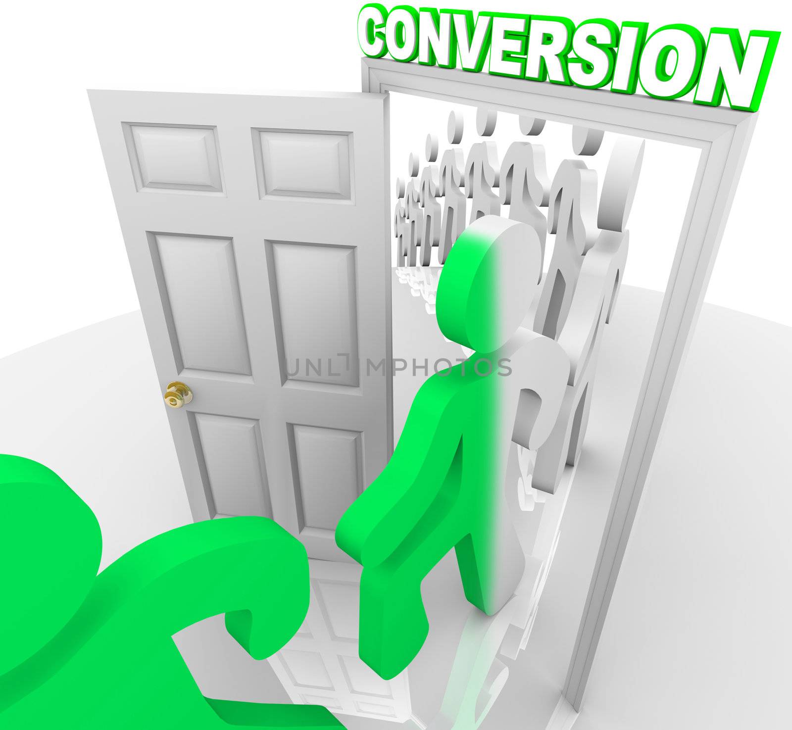 A line of people step through a doorway marked Conversion and are transformed from prospects into customers, symbolizing a successful sale