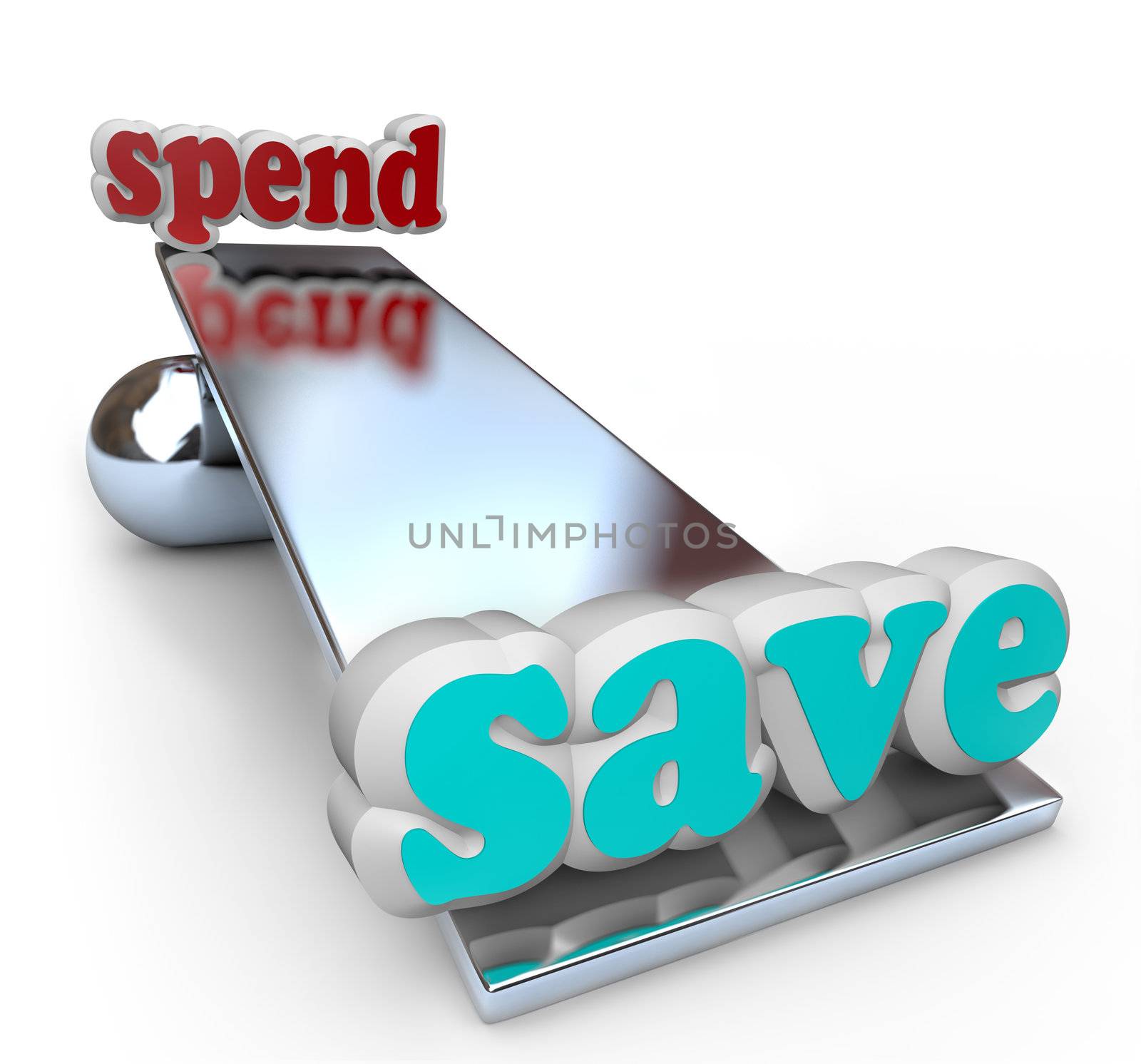 The word Save tips a see-saw scale toward fiscal responsibility vs the word Spend, representing the importance of saving money to build wealth and create a comfortable nest egg for retirement or other nice things in life