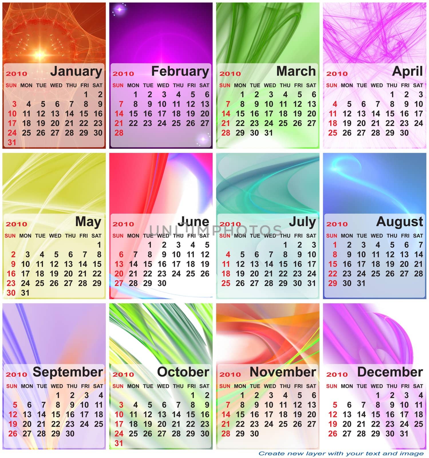 Abstract design template for 2010 calendar. Based on rendering of 3d fractal graphics. For using create new layer with your text and image.