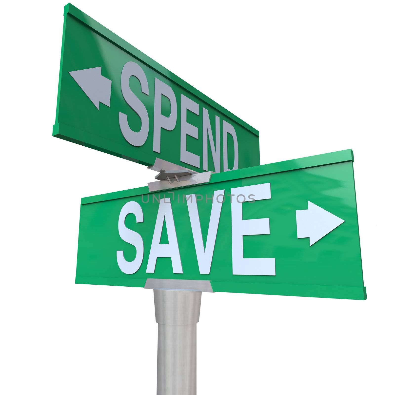 Save Vs Spend Two Way Street Signs Point to Fiscal Responsibilit by iQoncept