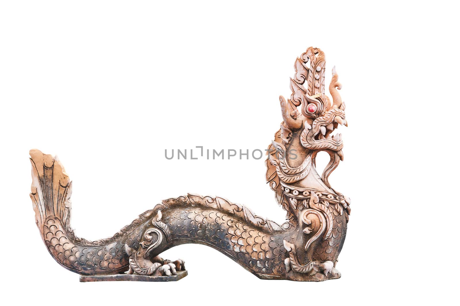 Naga Thai sculpture, in Thailand Temple isolate on white by FrameAngel