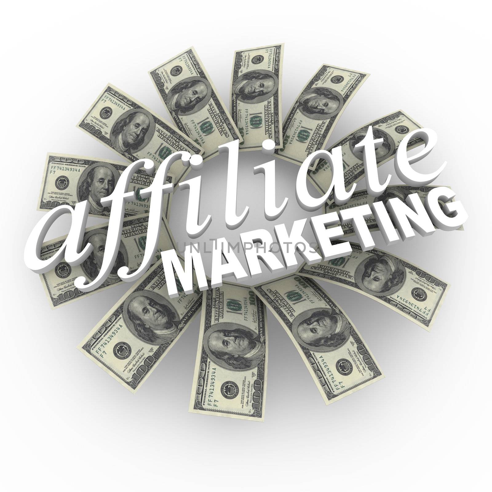 The words Affiliate Marketing against a circular patterned backdrop of hundred dollar bills representing the network referral scheme to collect money through connections of affiliates and partners