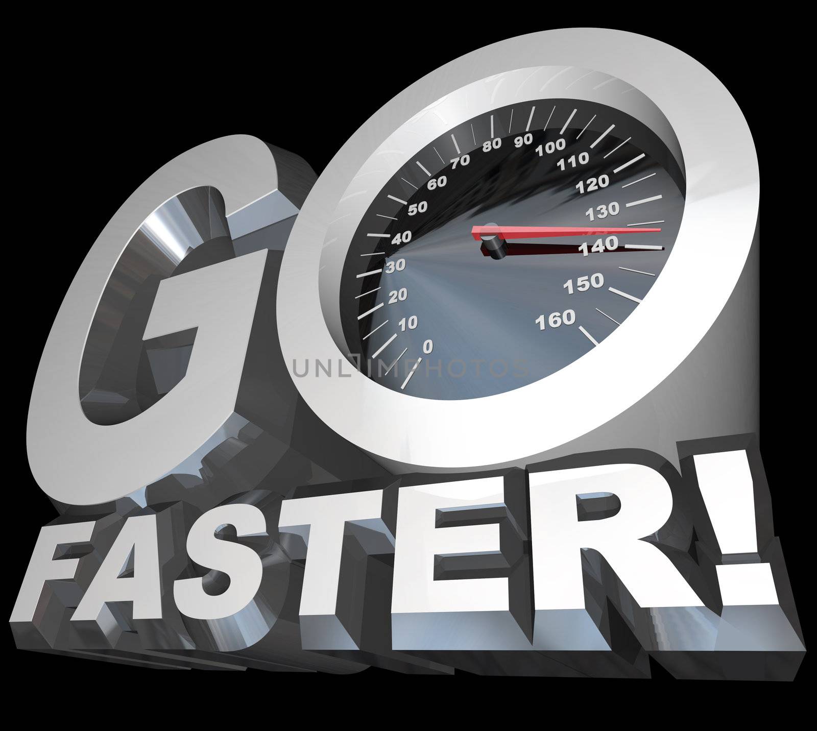 A speedometer with needle racing into high speeds appears in the words Go Faster to symbolize the need to accelerate for success in business or competitve sport