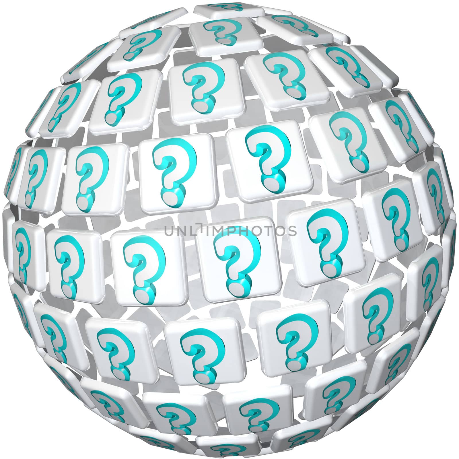 A sphere made up of tiles featuring question marks symbolizing a world of confusion or curiosity and the hunt for answers to life's most confounding questions