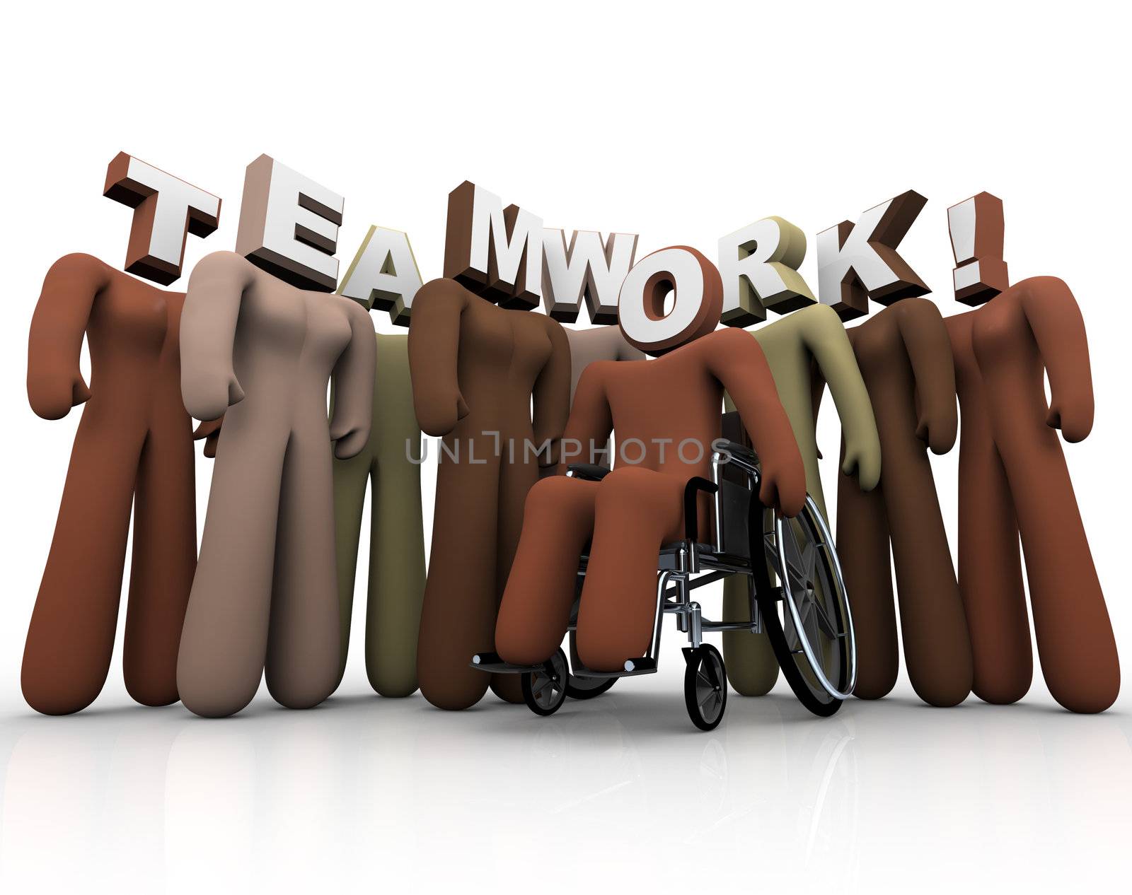 A group of people with different races and abilities, with letters for heads spelling out the word Teamwork, representing the value of putting together a team of co-workers and helpers of various backgrounds and abilities