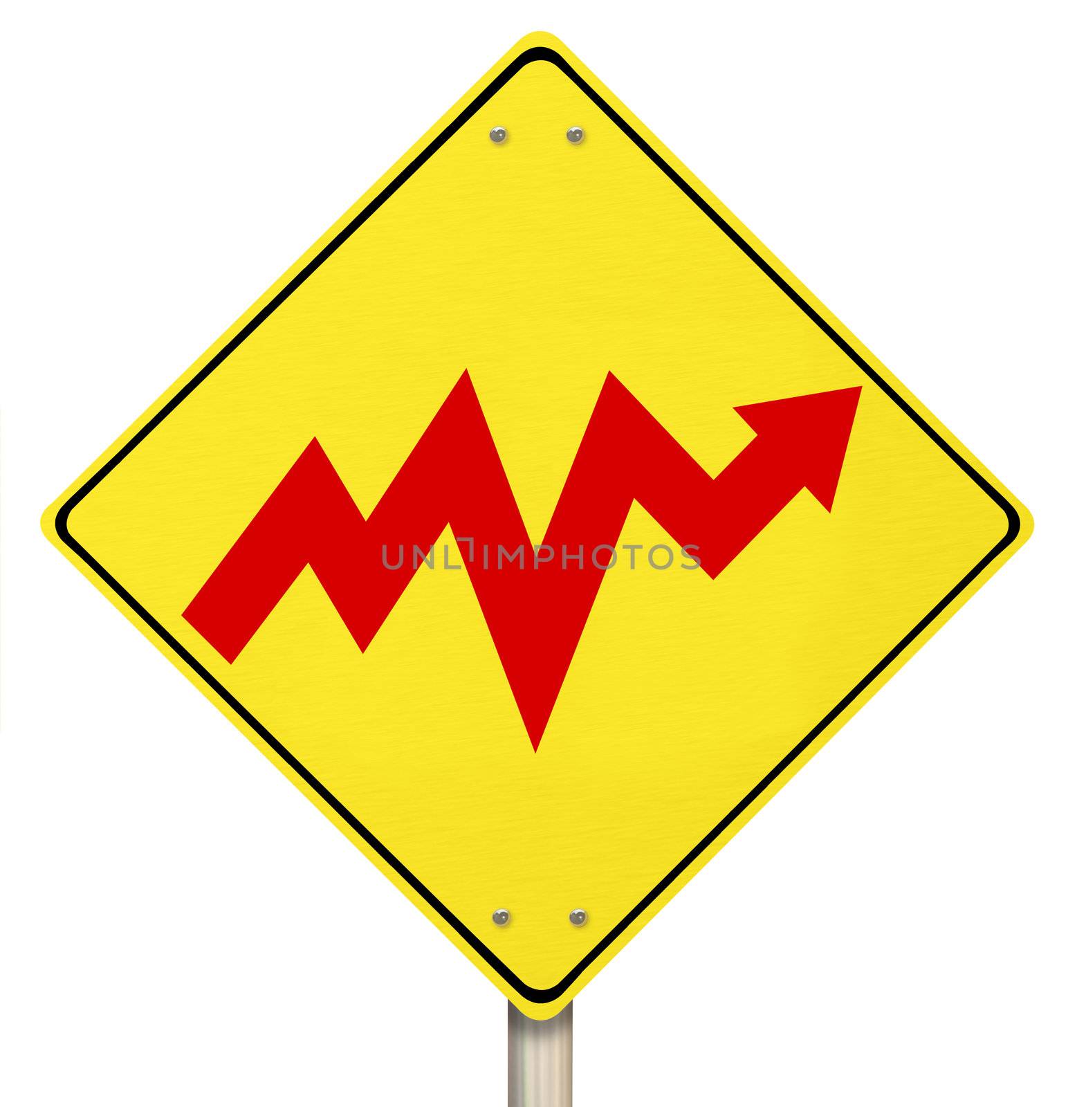 A yellow diamond-shaped road sign with an arrow going up and down in a volatile fashion representing bipolar nature of stock market and the economy, or the emotional rise and fall of bipolar disorder