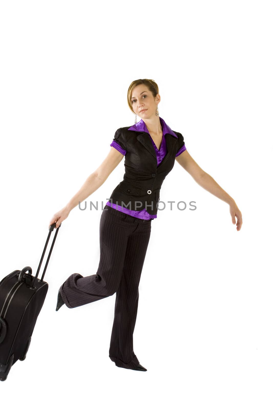 A young lady, business traveller isolated on white