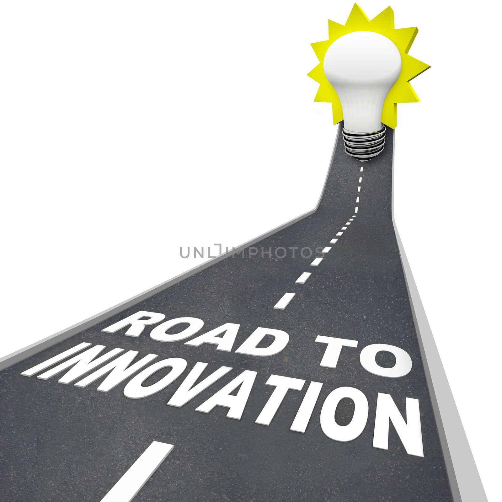 The words Road to Innovation on a pavement road leading upward to a light bulb representing imagination, creativity and idea generation in problem solving and success in reaching a goal