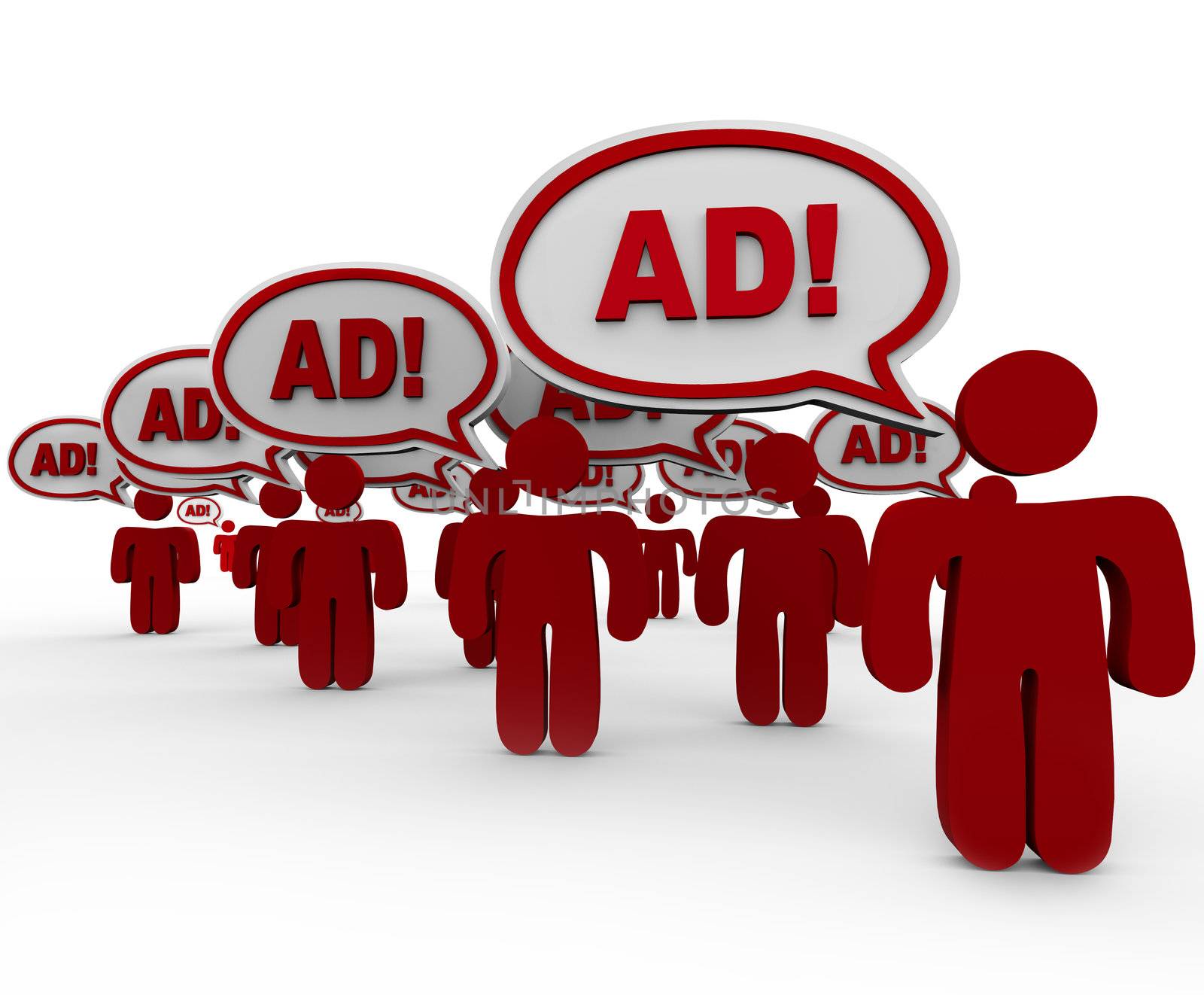 Many red people standing in front of you saying Ad in speech clouds representing an overload in advertising and marketing in today's marketplace