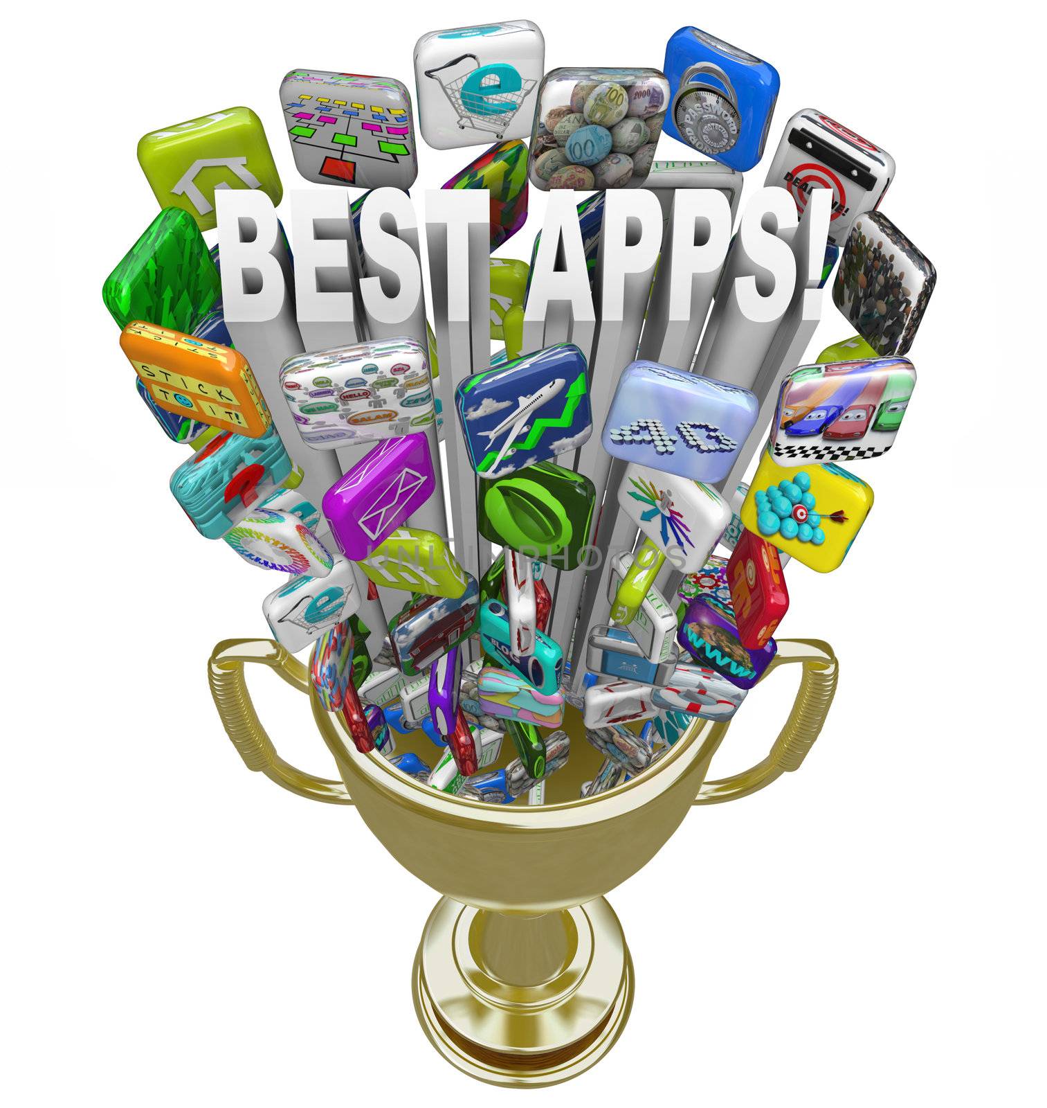 A golden first place trophy with the words Best Apps and many application app tile icons shooting out of it