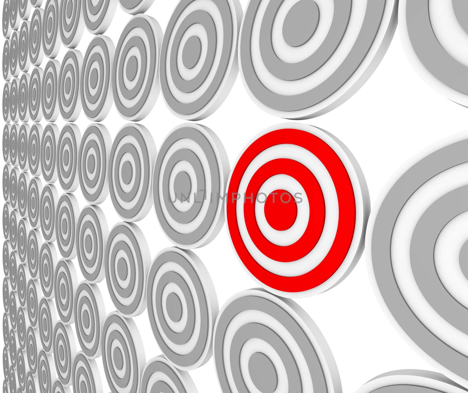 Many bulls-eye targets in rows and one in red representing a niche market in a crowded marketplace of demographics and customers.  Pinpoint the right audience for your marketing message.