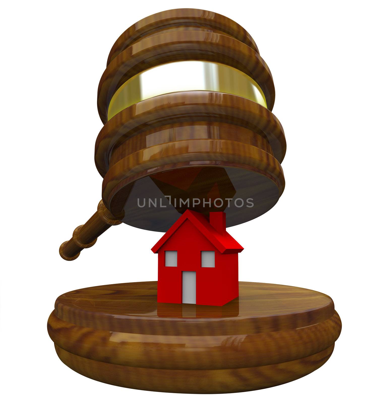 A red illustrated 3D house on a wood block about to be smashed by a gavel, symbolizing the auctioning or foreclosure of a house and losing a home due to bankruptcy