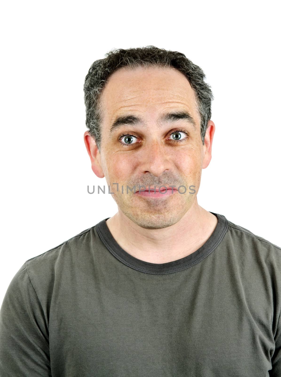 Portrait of a man making a silly face isolated on white background