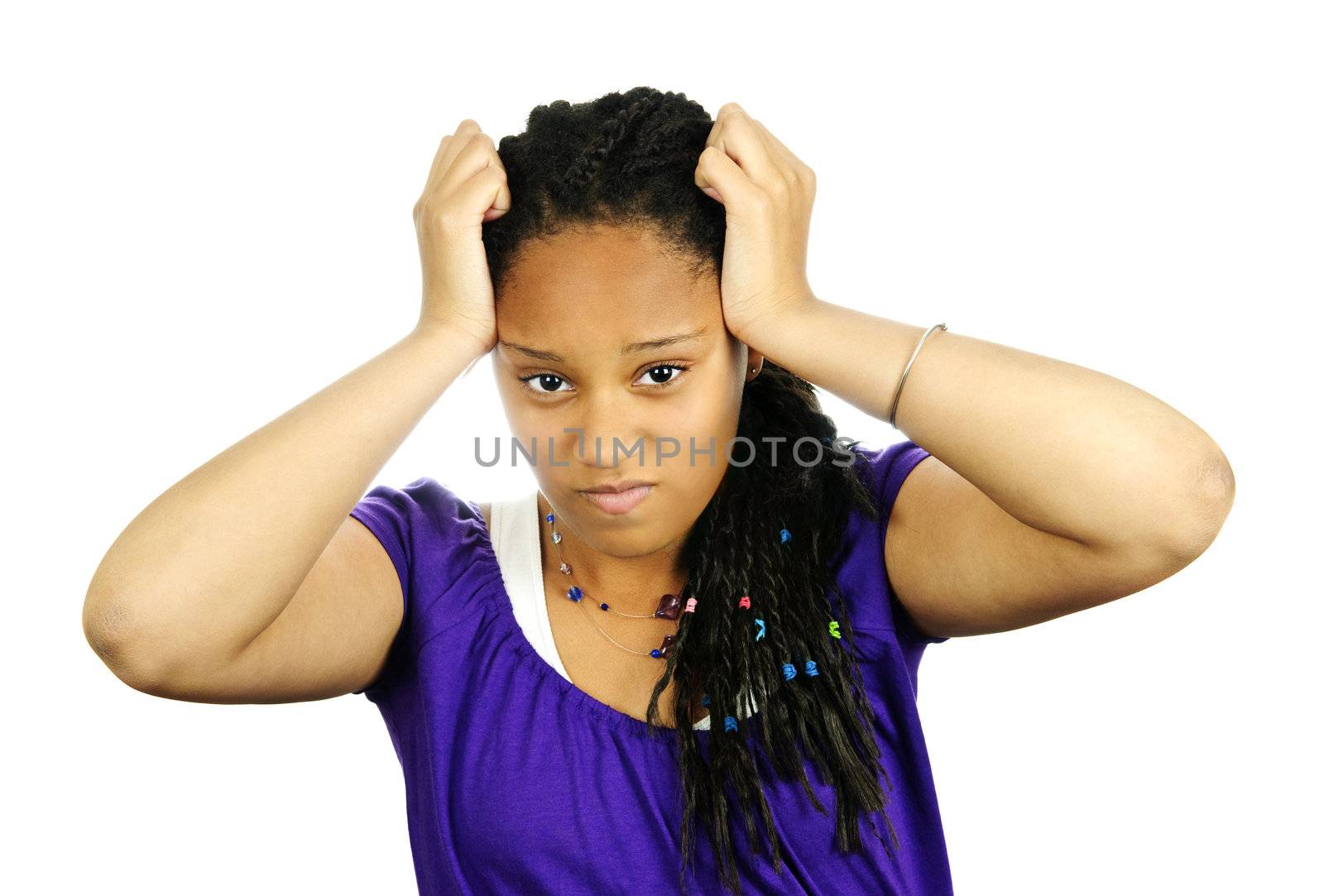 Isolated portrait of frustrated black teenage girl