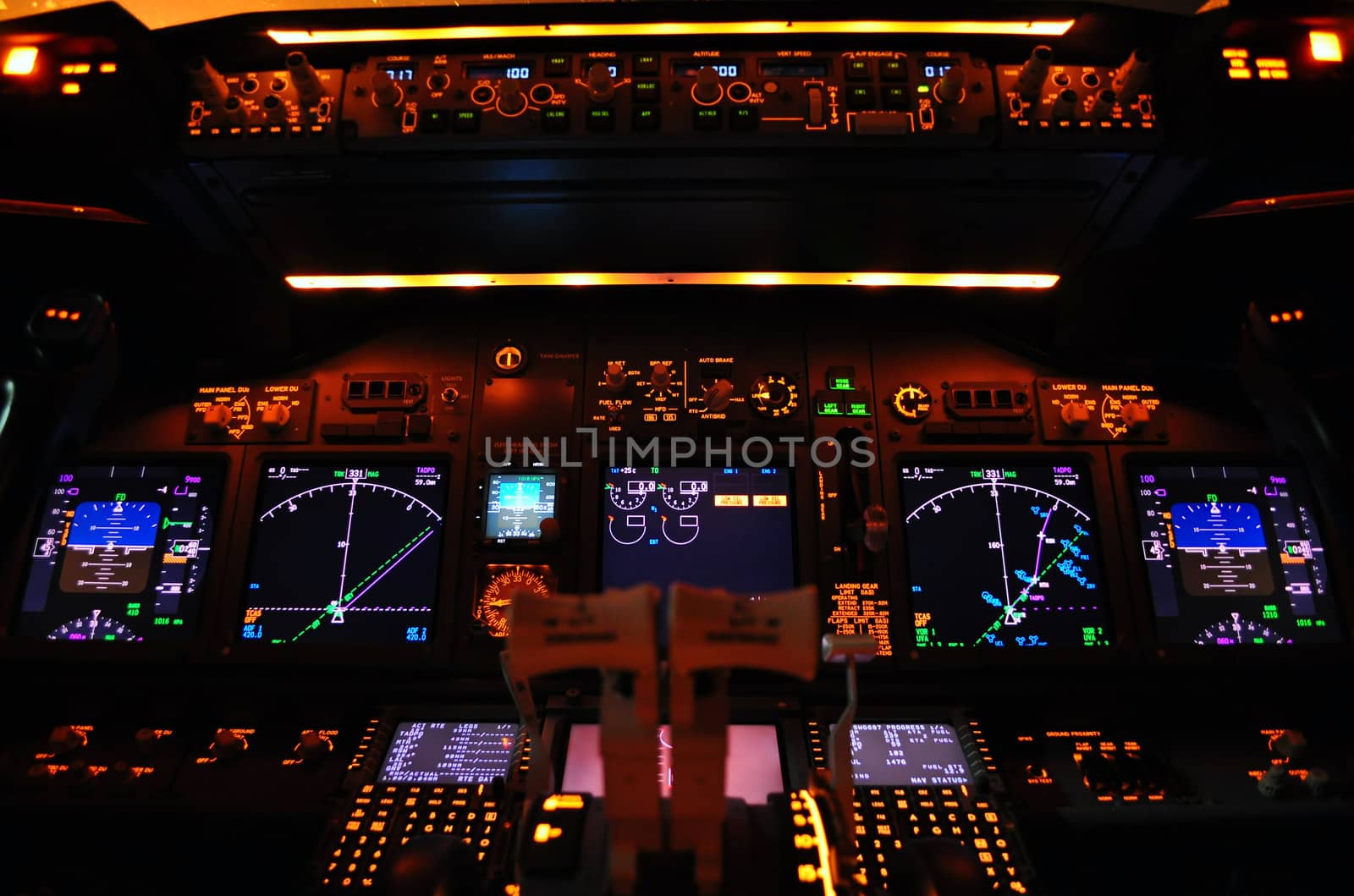 Instrument panel of a modern airliner at night (Boeing 737-800 Next Generation).