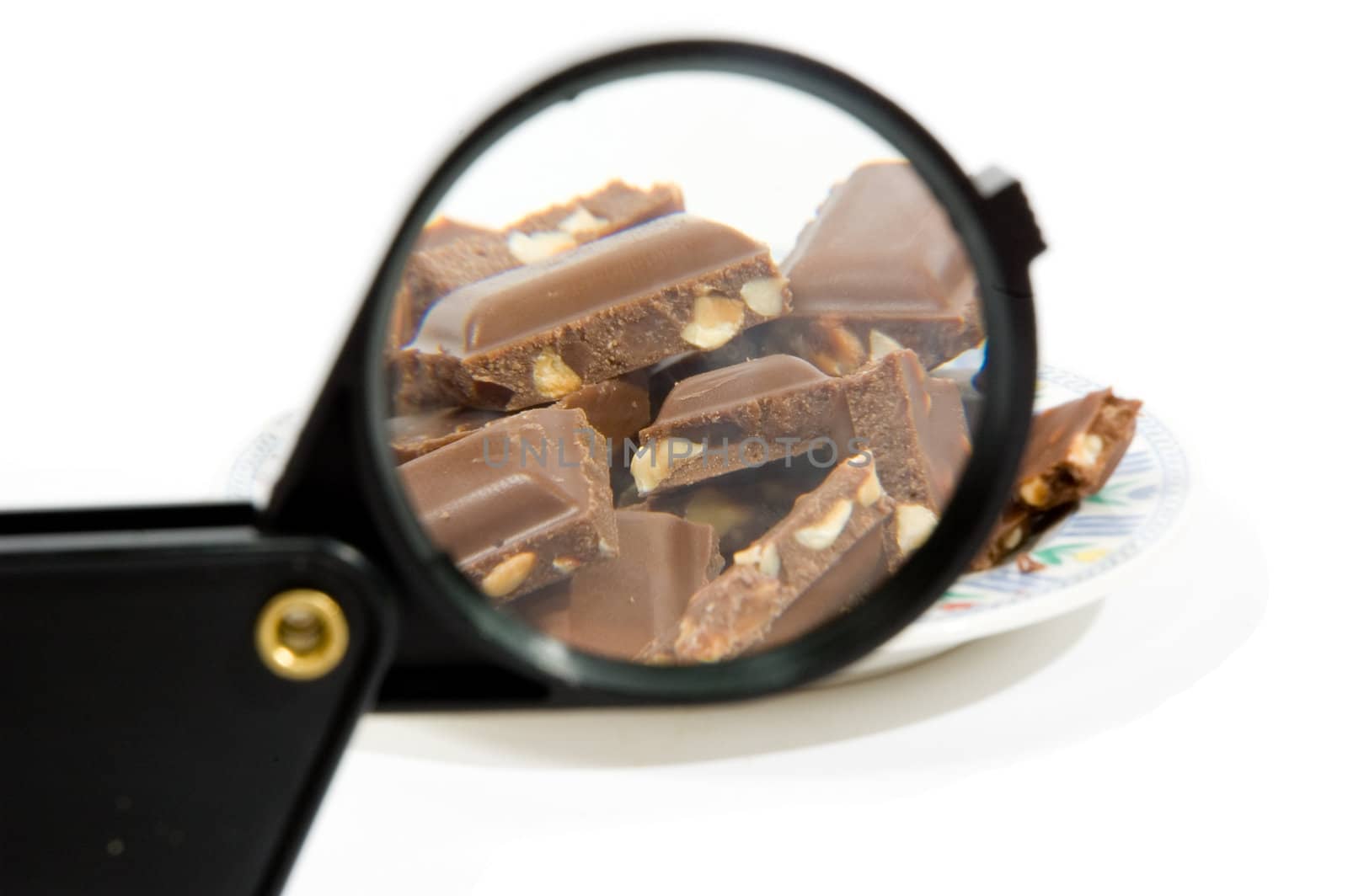 chocolat sized up by a magnifying-glass isolated on white 

