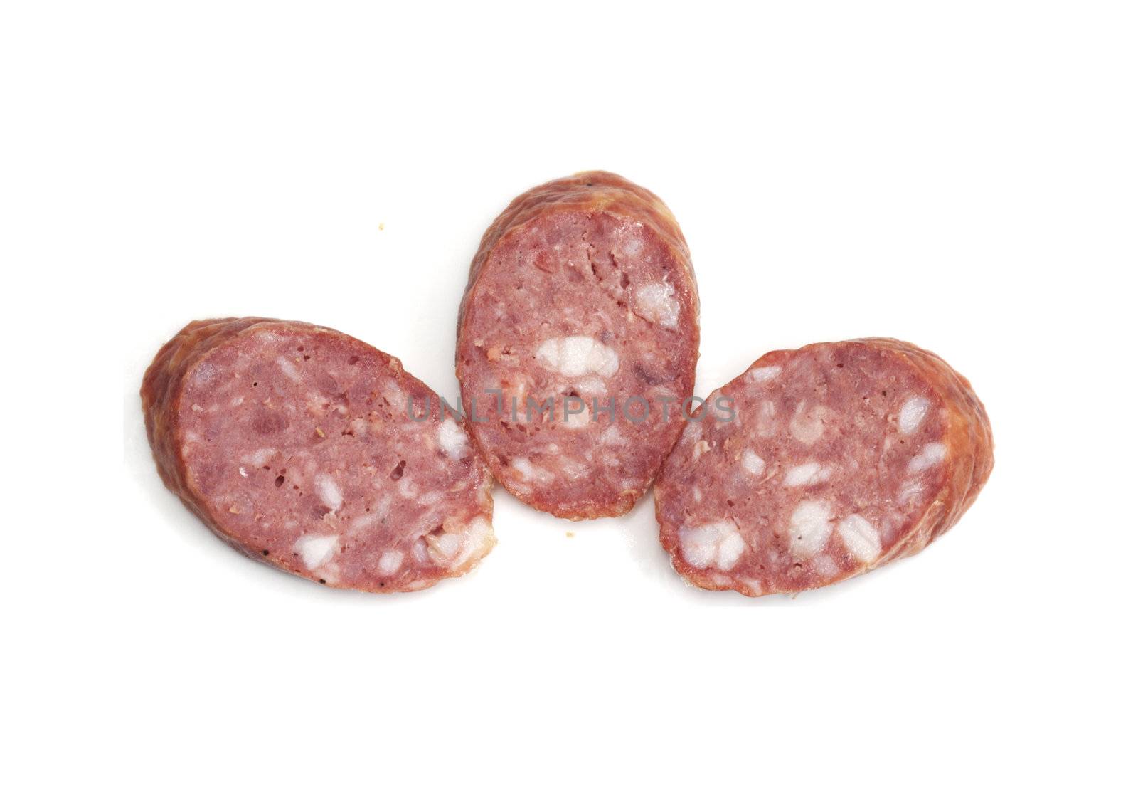 Three pieces of the sausage on white background 