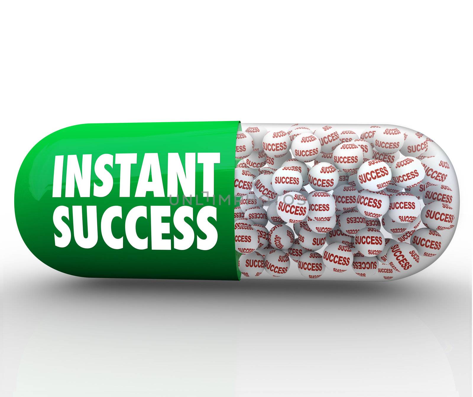 A green capsule pill with the words Instant Success filled with tiny balls each featuring the word success, representing the desire to take a quick fix or solution that will turn your life around and make you successful