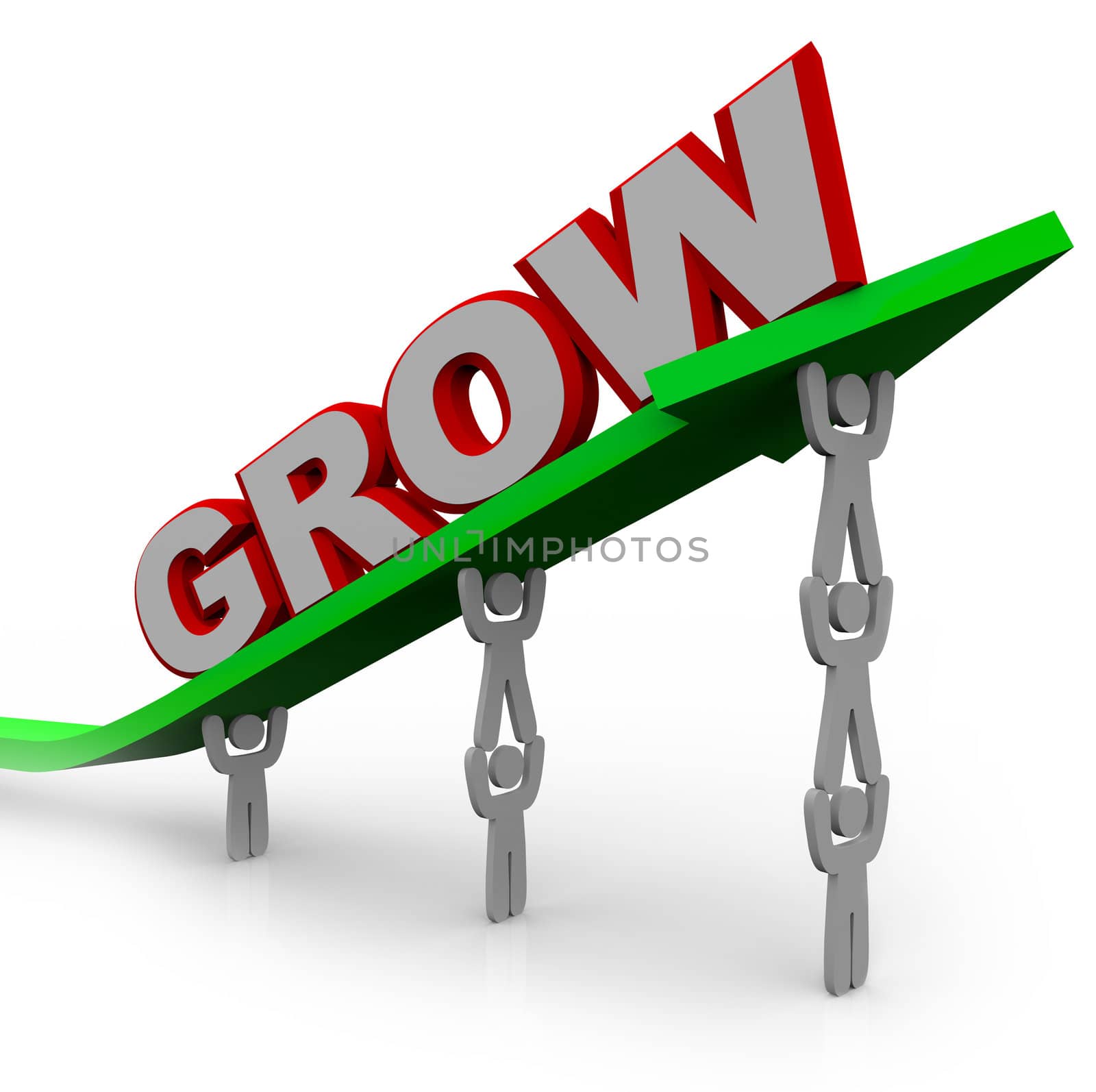 A team of people lift an arrow and the word Grow, symbolizing the growth that can be achieved with many team members working toward a common objective