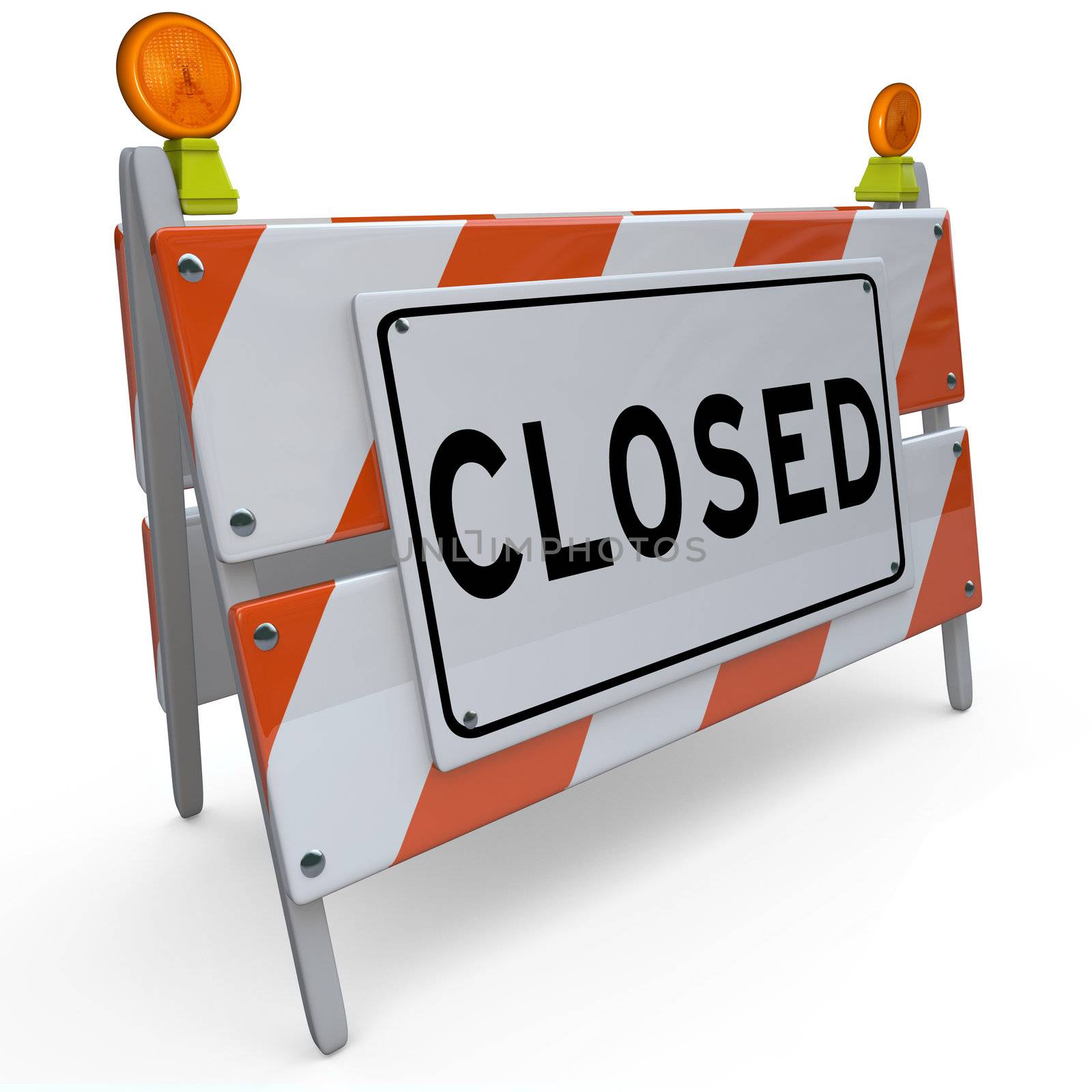 A construction barricade with the word Closed on it, signifying that a road or street is closed off for access due to work being done, or that a website or other business is down for repairs or rebuilding