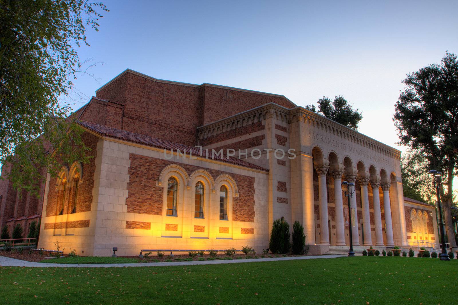 Sunrise shot with high dynamic range photography a corner of the Sacramento Memorial Auditorium