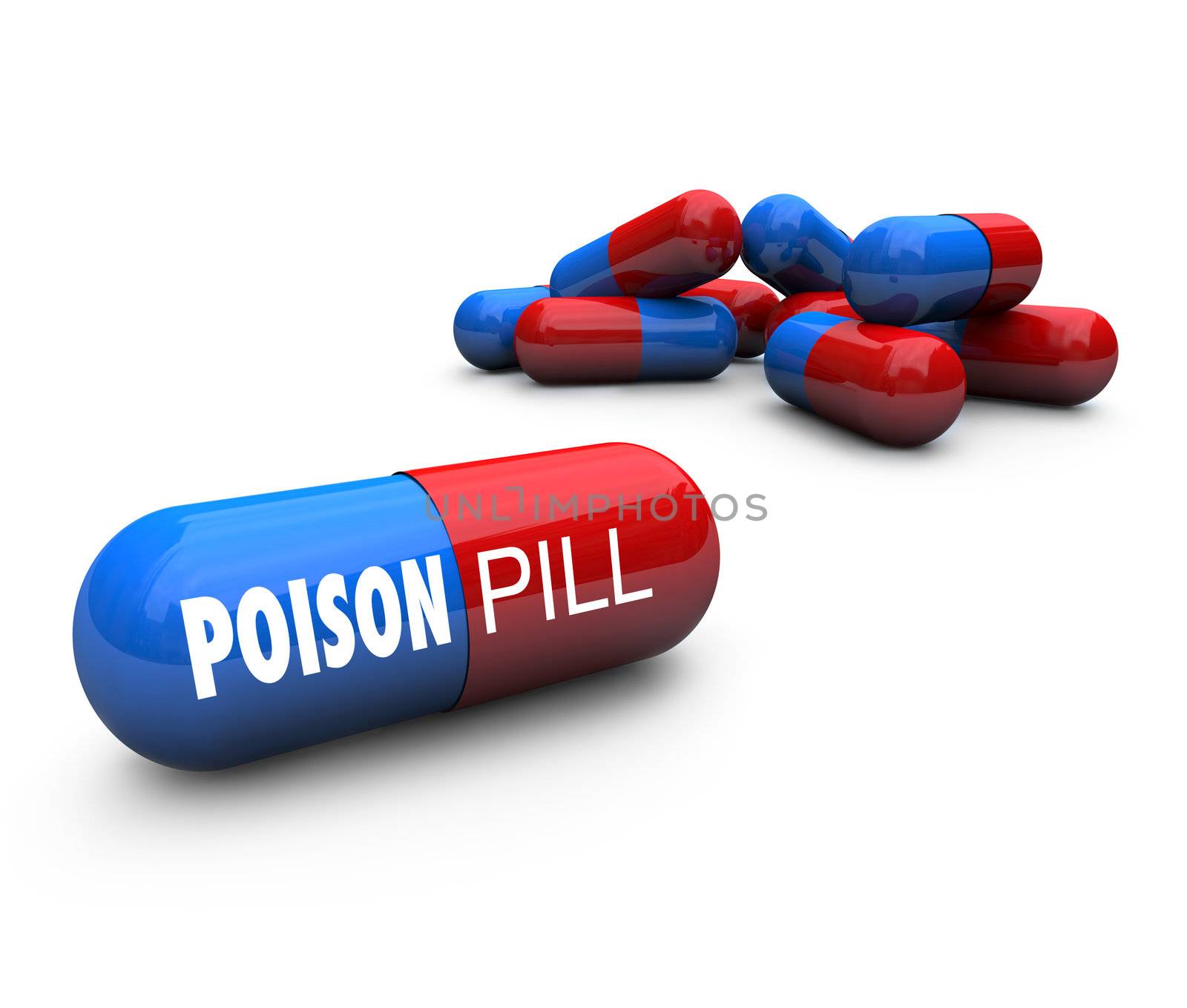Close-up of some pills, one includes the words Poison Pill, representing the business strategy involving shareholder rights and the prevention of a hostile takeover of a company