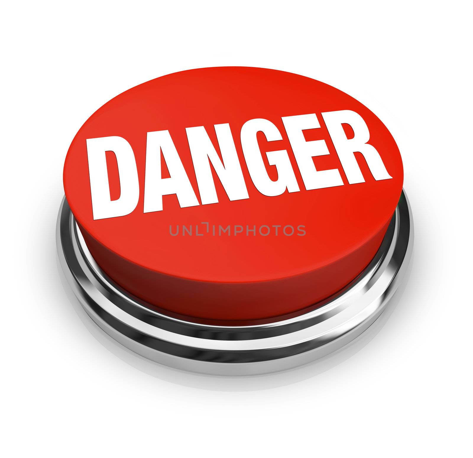 A red button with the word Danger, illustrating the hazards and need for caution in a situation.  Press the round button to alert the authorities or others around you to a dangerous problem!