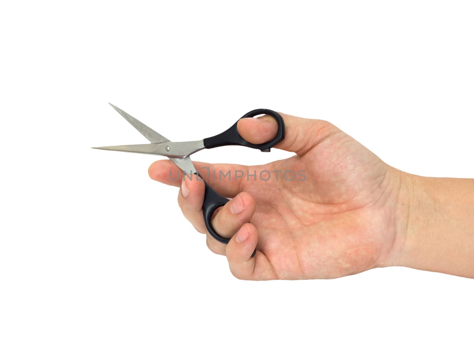 hand with hair cutting scissors, isolated on white 