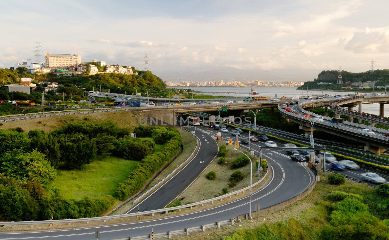 It is a beautiful cityscape of interchange and cars.