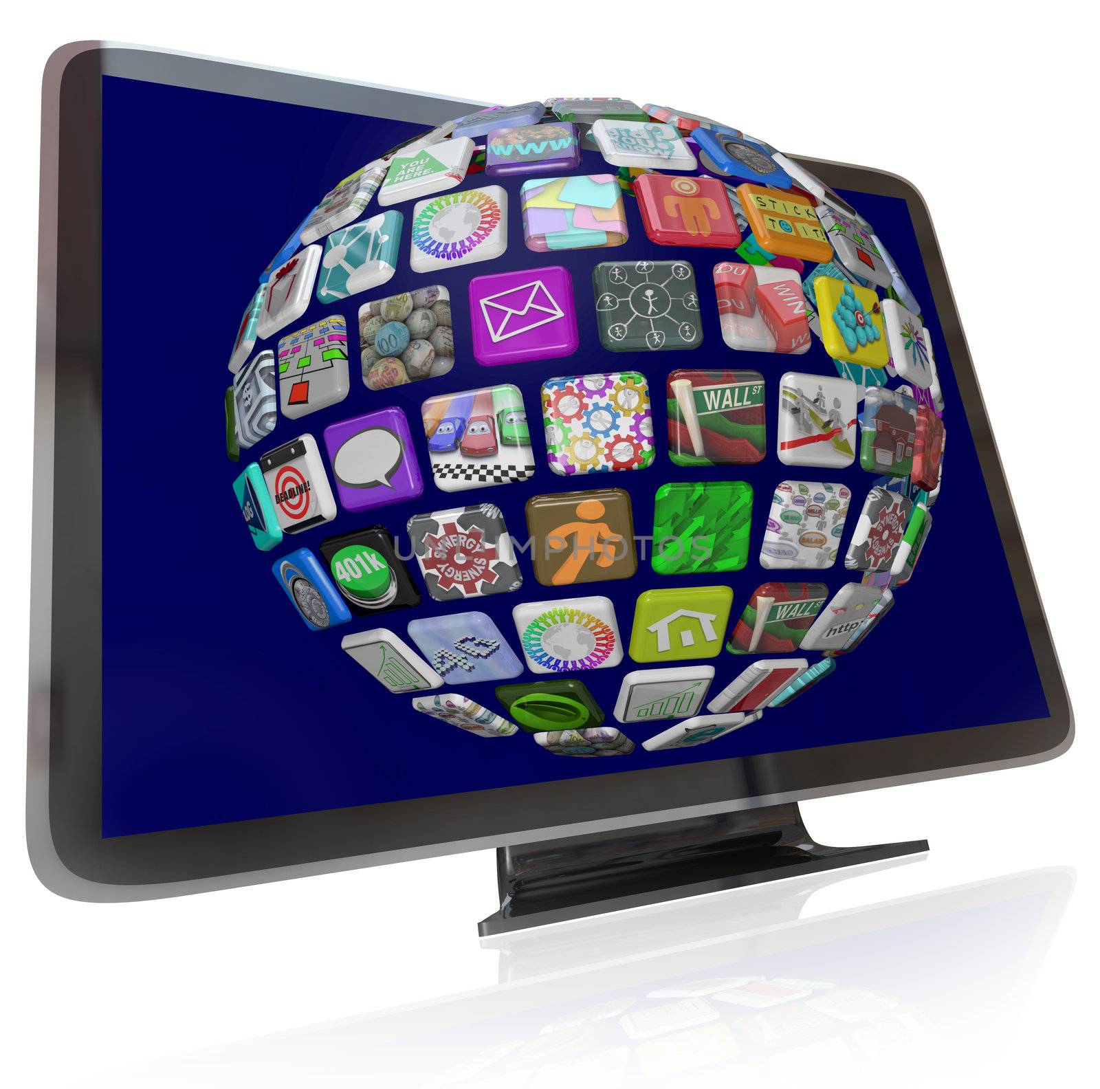 A HDTV television with a sphere of streaming content icons on its screen representing the wide variety of entertainment and information choices available to you