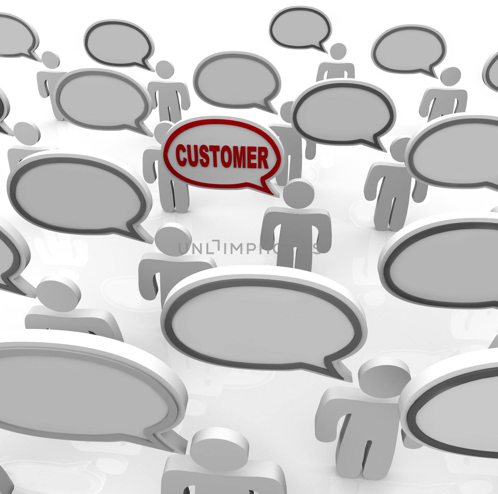 Many people speak with speech bubbles that are blank and one with the word Customer in it, representing the ability to focus on the needs of a niche targeted consumer in a crowded marketplace