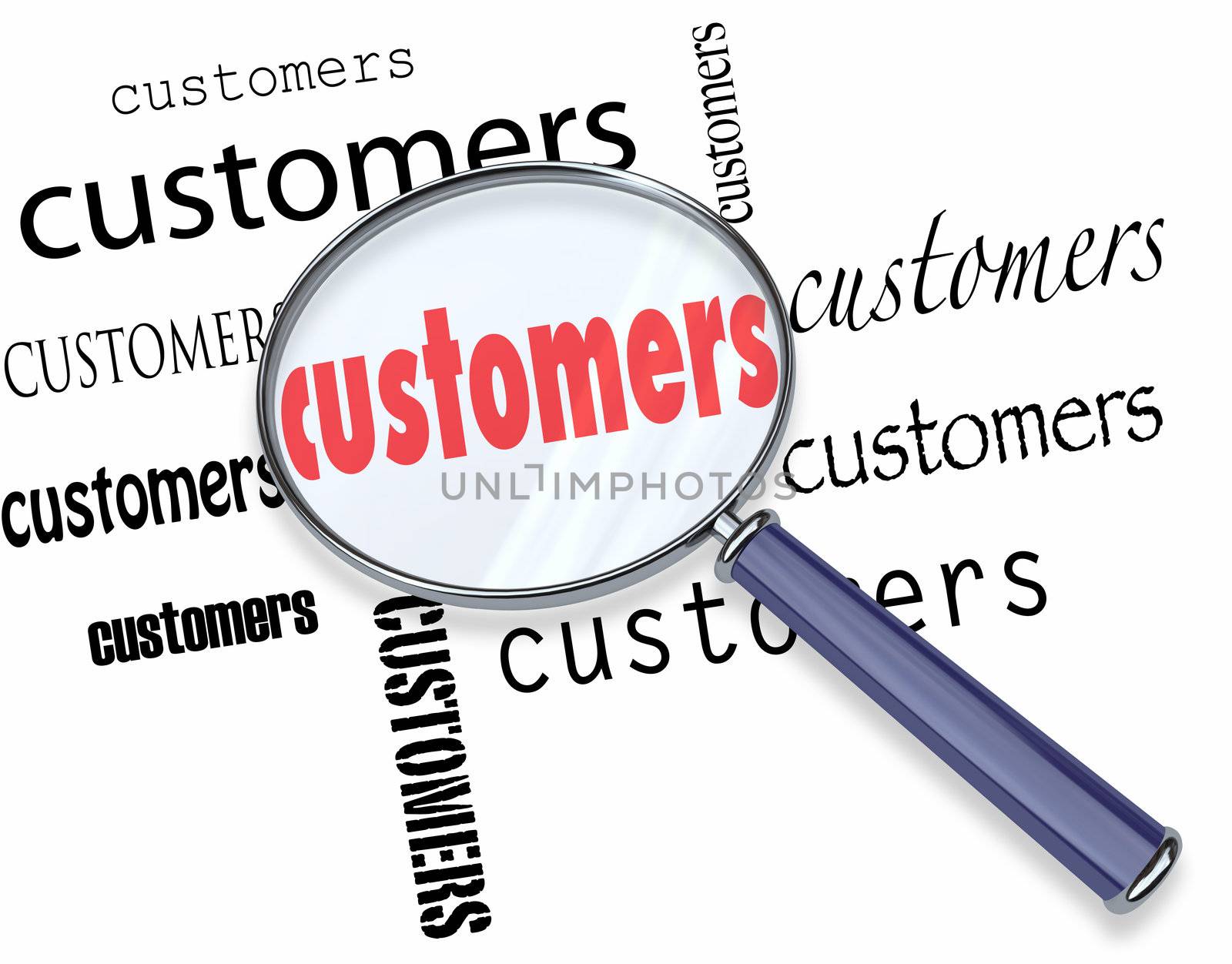 A magnifying glass hovering over several instances of the word Customers, representing the search for consumers for your business