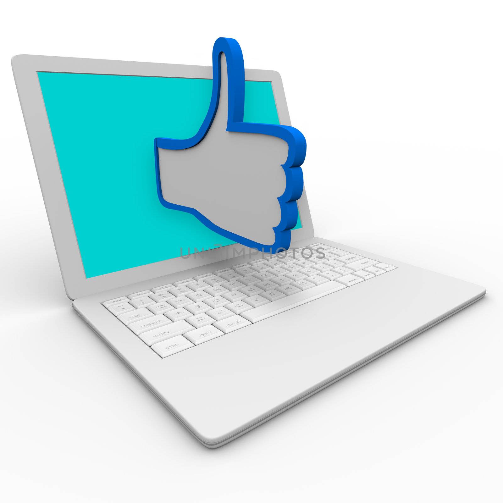A blue and white thumbs up symbol emerges from a laptop computer screen to illustrate approval or  a positive review for a person or thing on an internet website or social network site