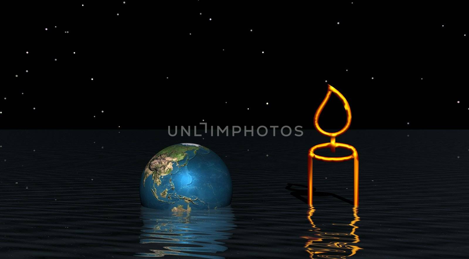 A planet is in hiding in the water and a candle which lights him