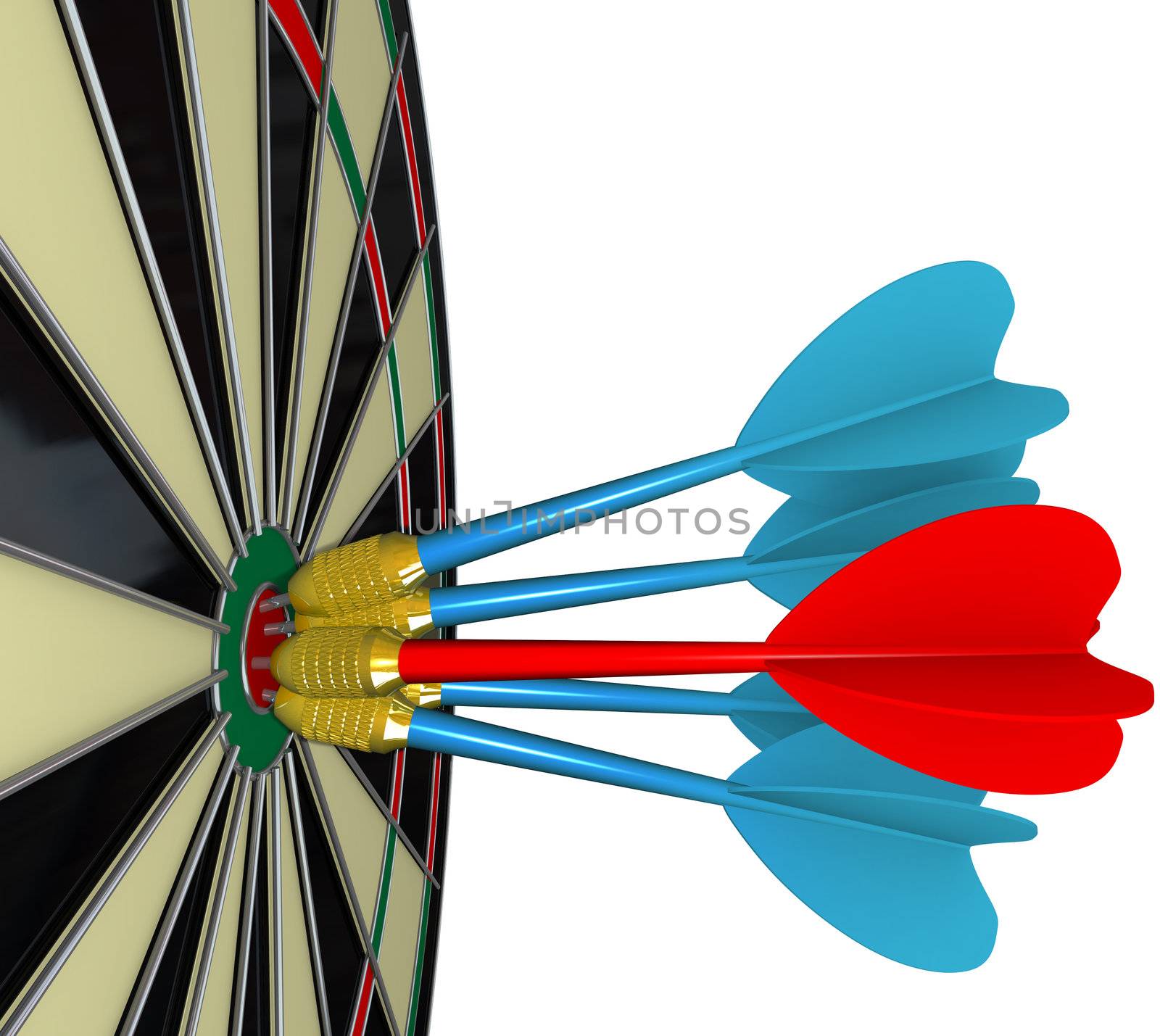Several darts, four blue and one red, hit the center bulls-eye target on a dart board, illustrating heated competition between adversaries in sports or business