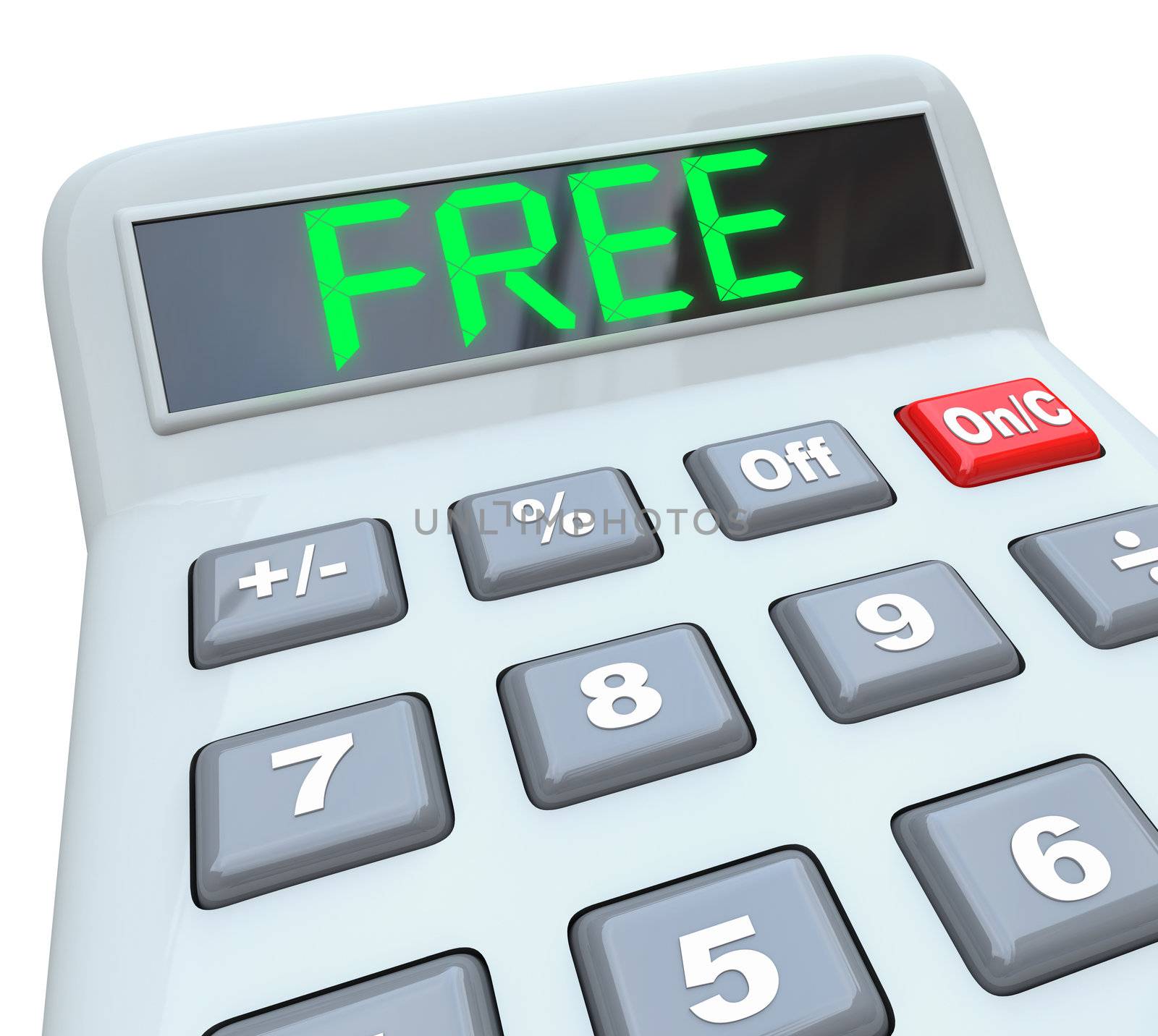 The word Free in green letters on a plastic calculator representing the savings to be enjoyed when buying something in a speacial clearance sale or other promotion