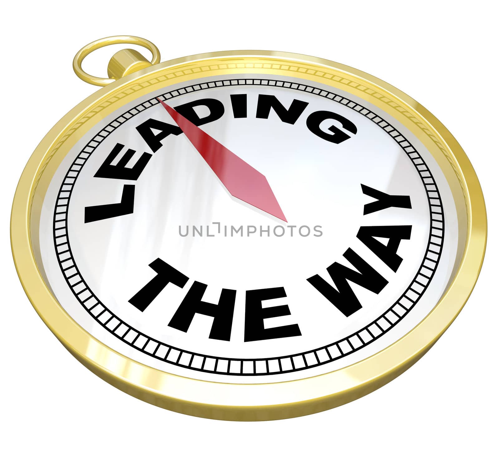 A gold compass with the words Leading the Way illustrating the forward charging path of a visionary leader who must lead his or her group through a challenge to success