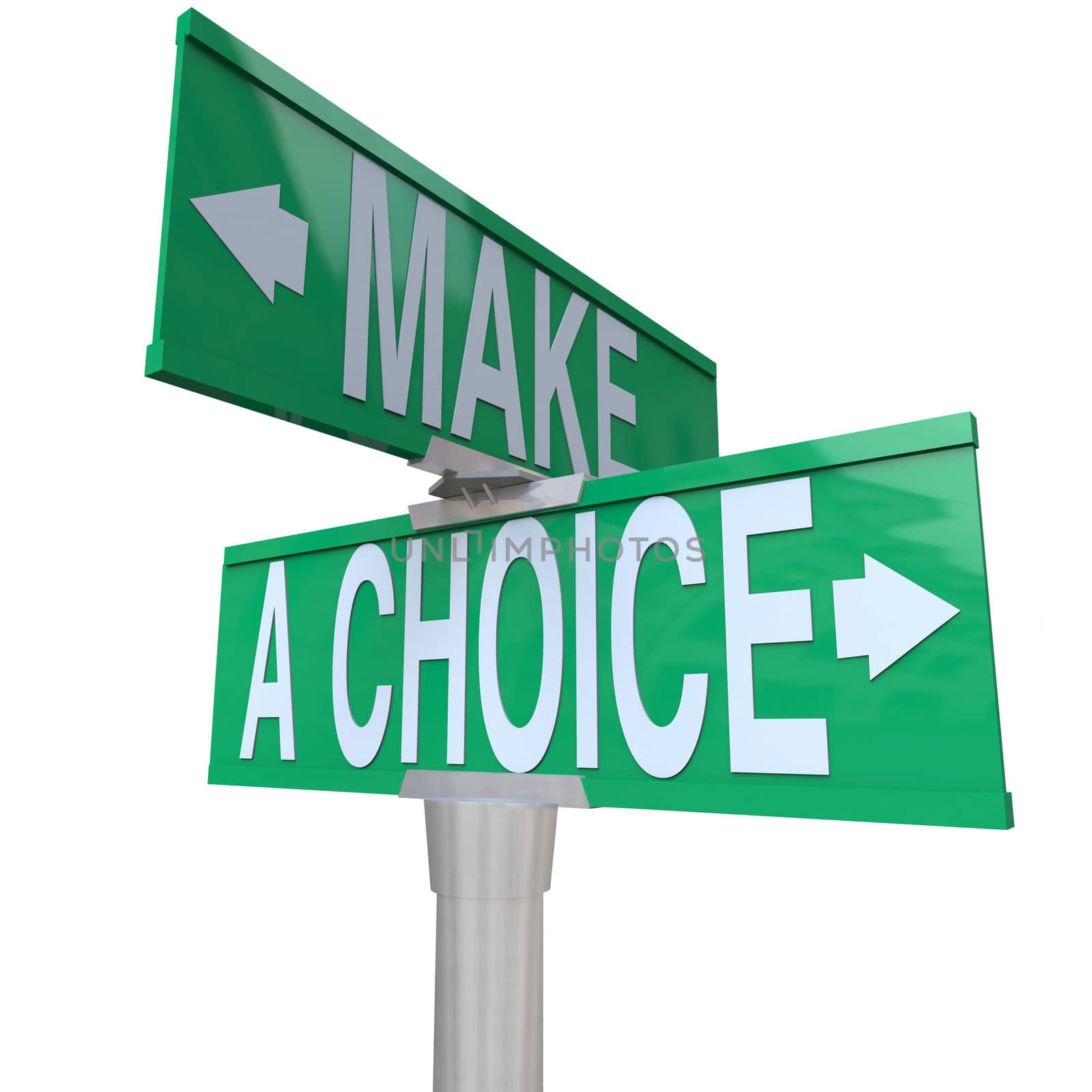 A green two-way street sign pointing to the words Make a Choice, illustrating the need to decide between 2 different alternatives in business or life in general