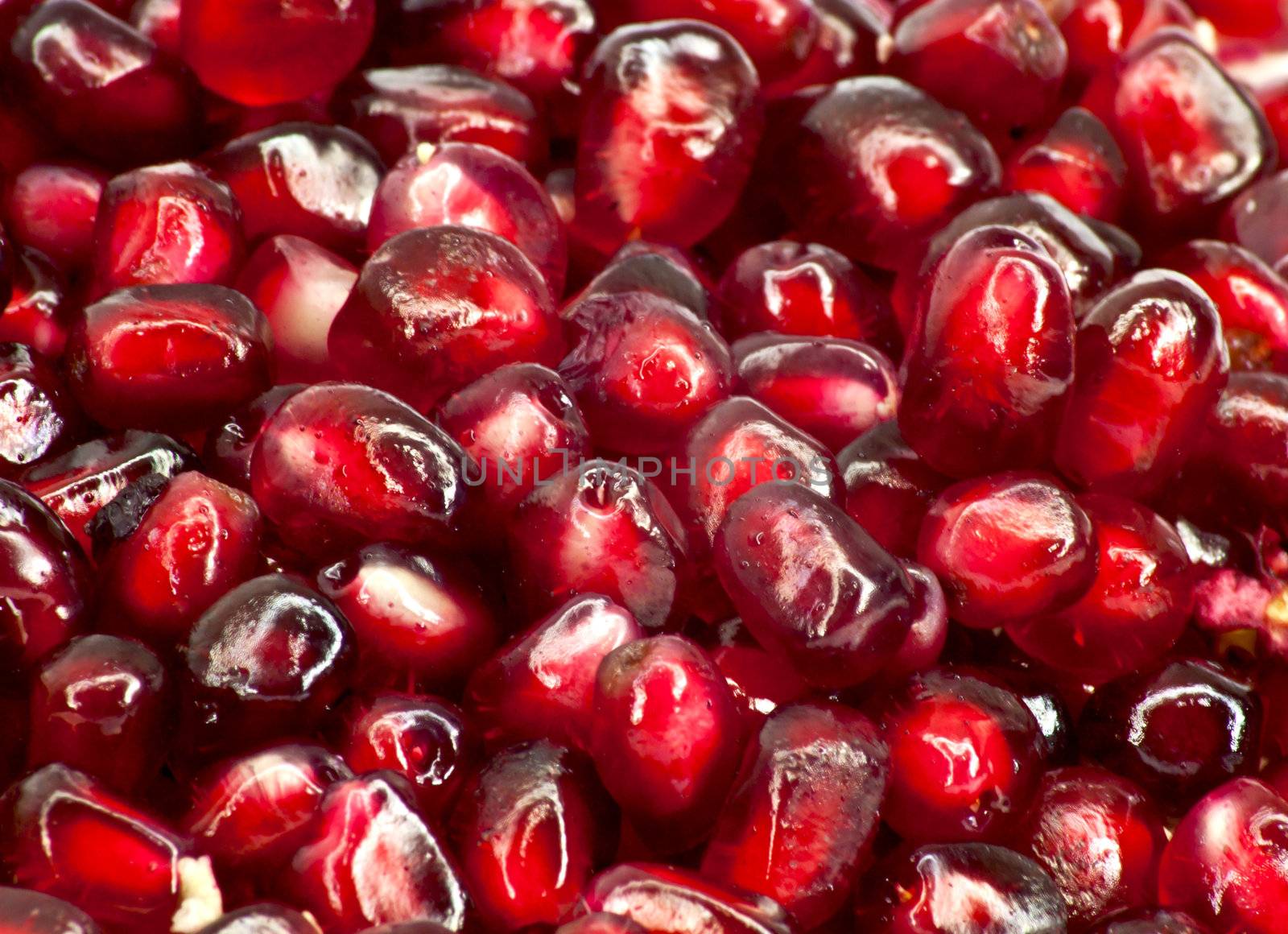 Extreme close up background of a red juicy ripe pomegranate fruit seeds 