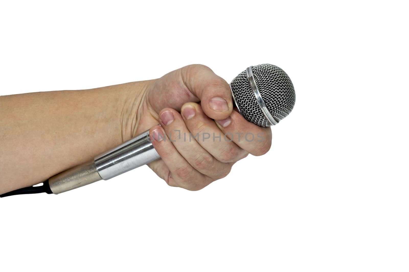 Microphone in hand isolated on white 