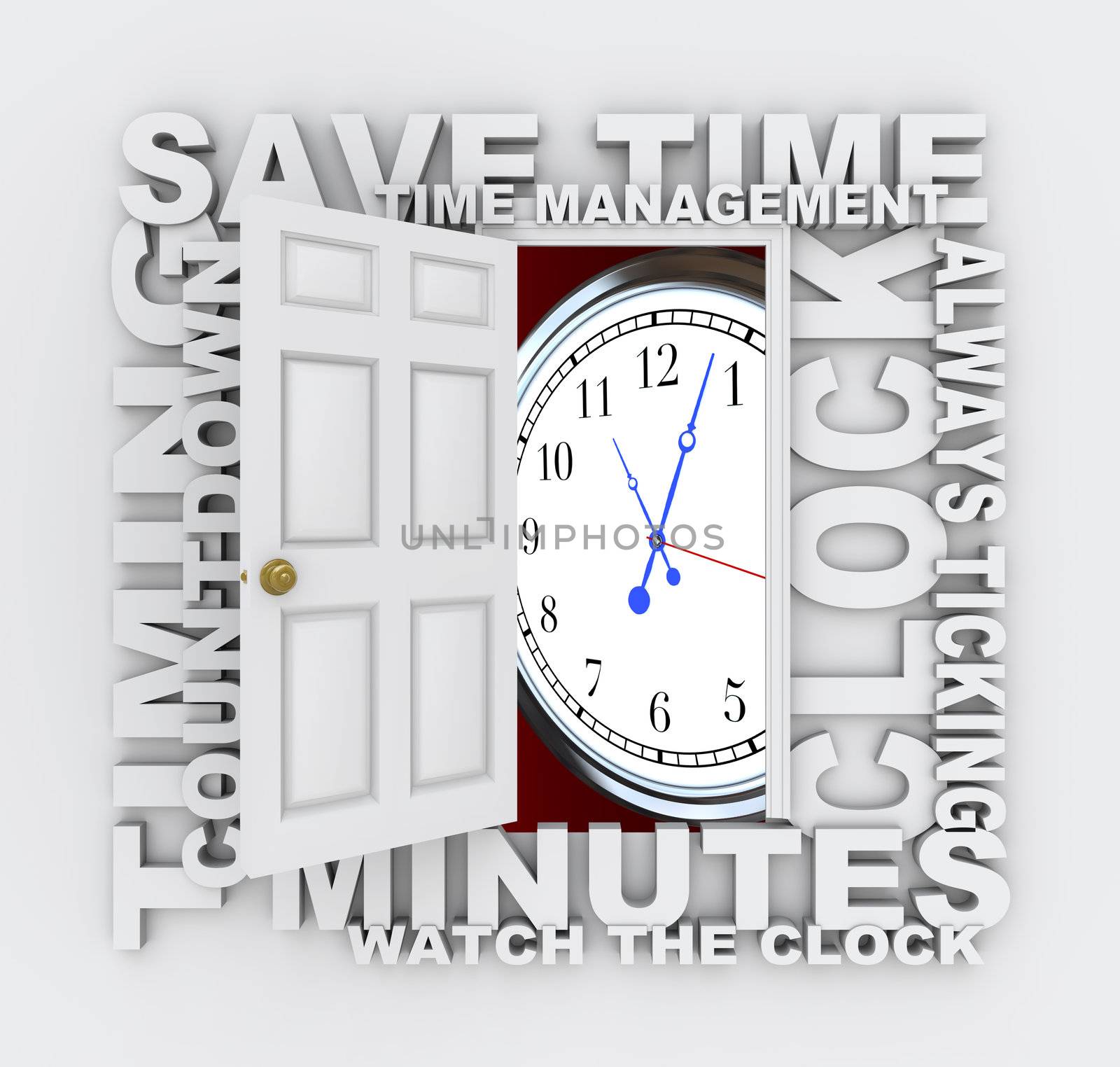 A door opens to reveal a ticking clock surrounded by words like Save Time, Ticking Away, Timing, Minutes, Countdown and more