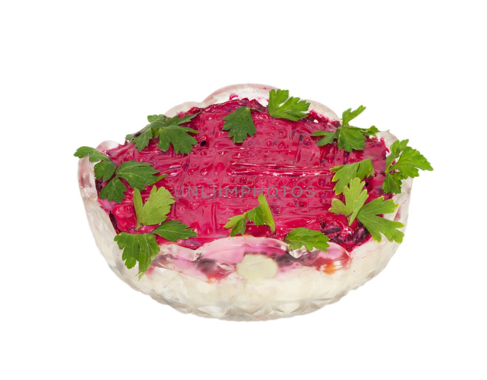 Plate of herring under a fur coat with clipping path isolated over white background 