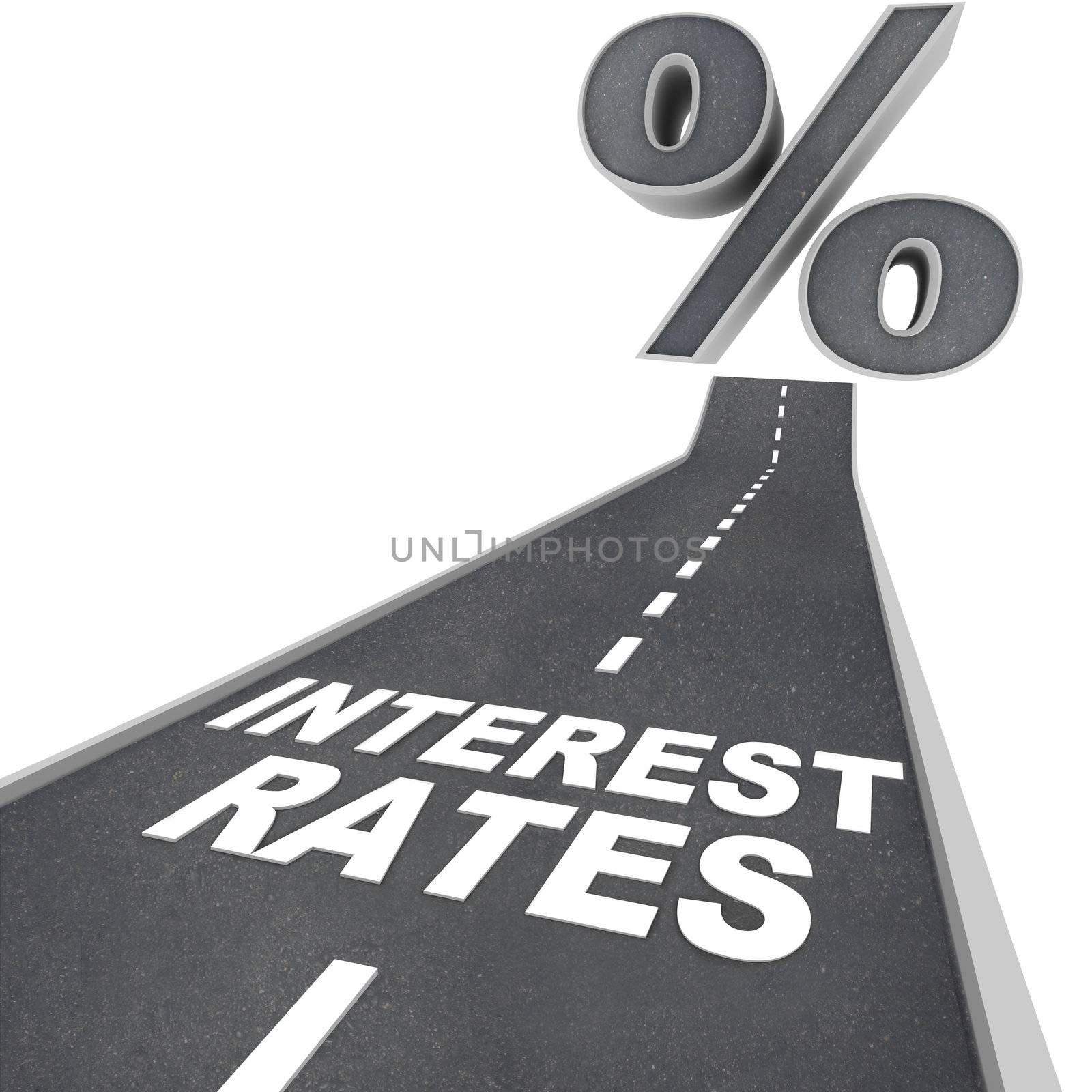 The words Interest Rates on a blacktop road and a percent sign at the top of the street, symbolizing the rising interest rates due to economic factors and conditions