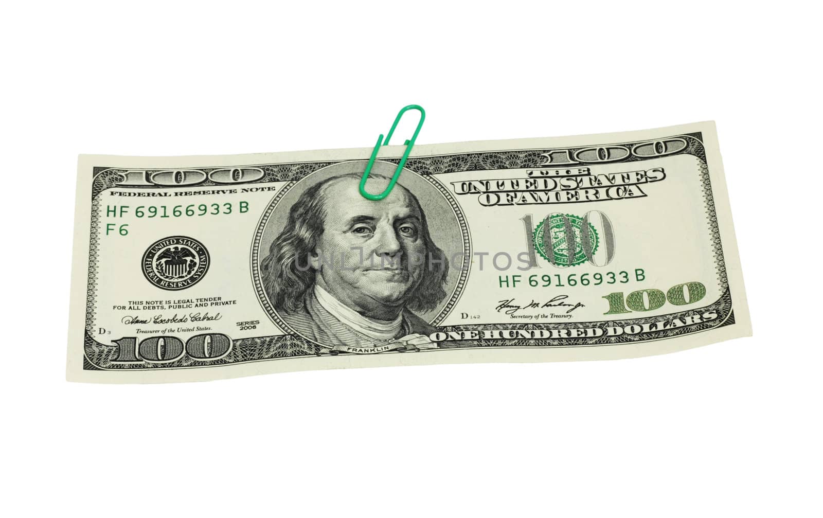 hundred dollar bill on white, soft drop shadow 