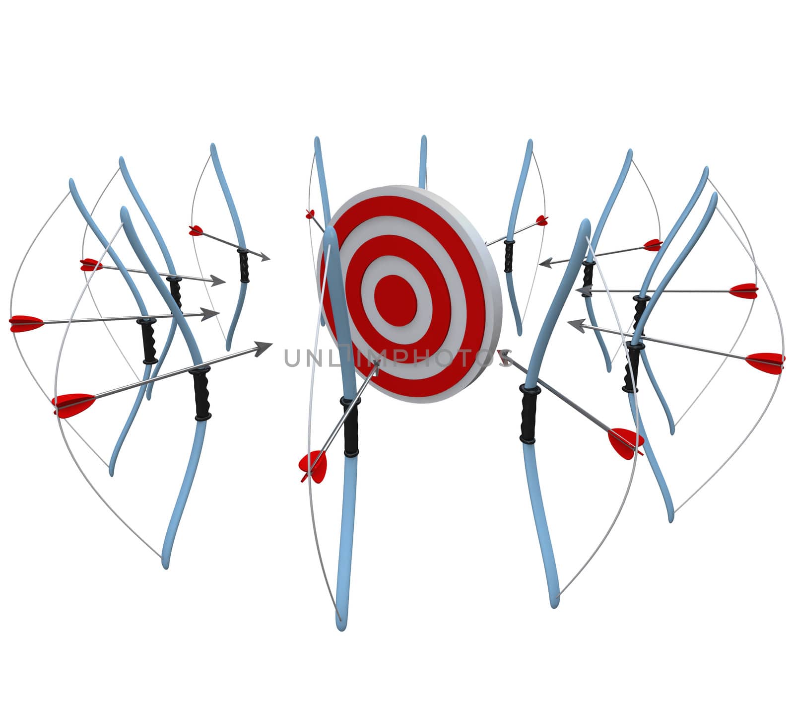 Many bows and arrows all aim at the same target, hoping to get a bulls-eye in the competition that decides who is best or who will win the customer in business