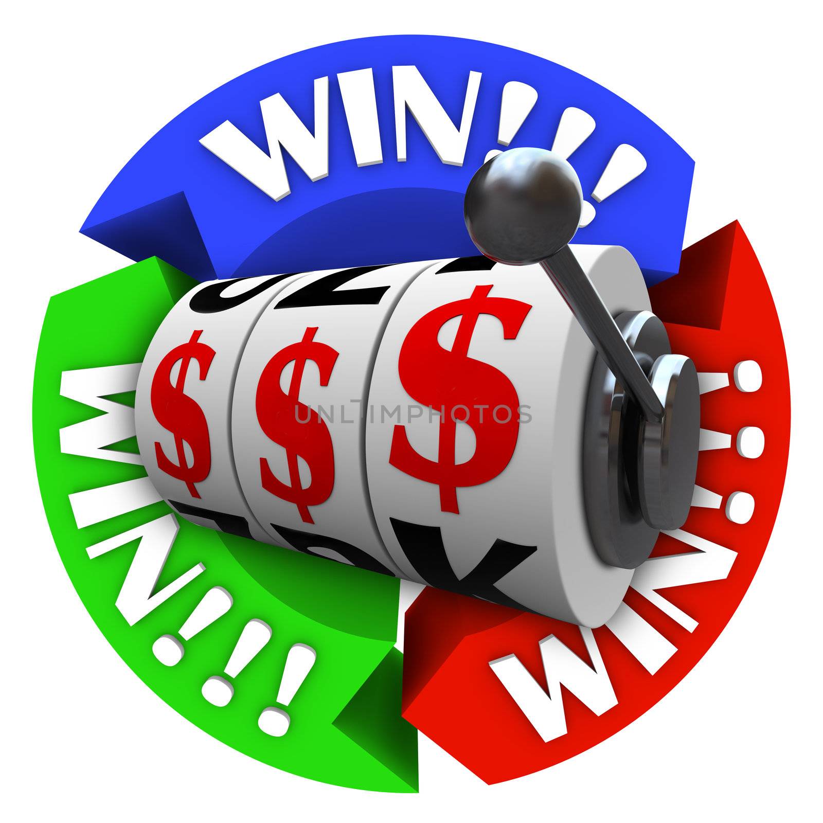 The word Win repeated on several circular arrows around a slot machine whose wheels are lined up in dollar signs symbolizing a jackpot or big winnings