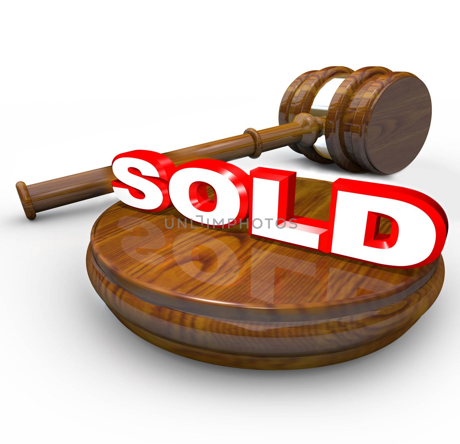 A gavel comes down on the word Sold to signify the end or closing of an auction and the buyer has been the highest bidder on an item