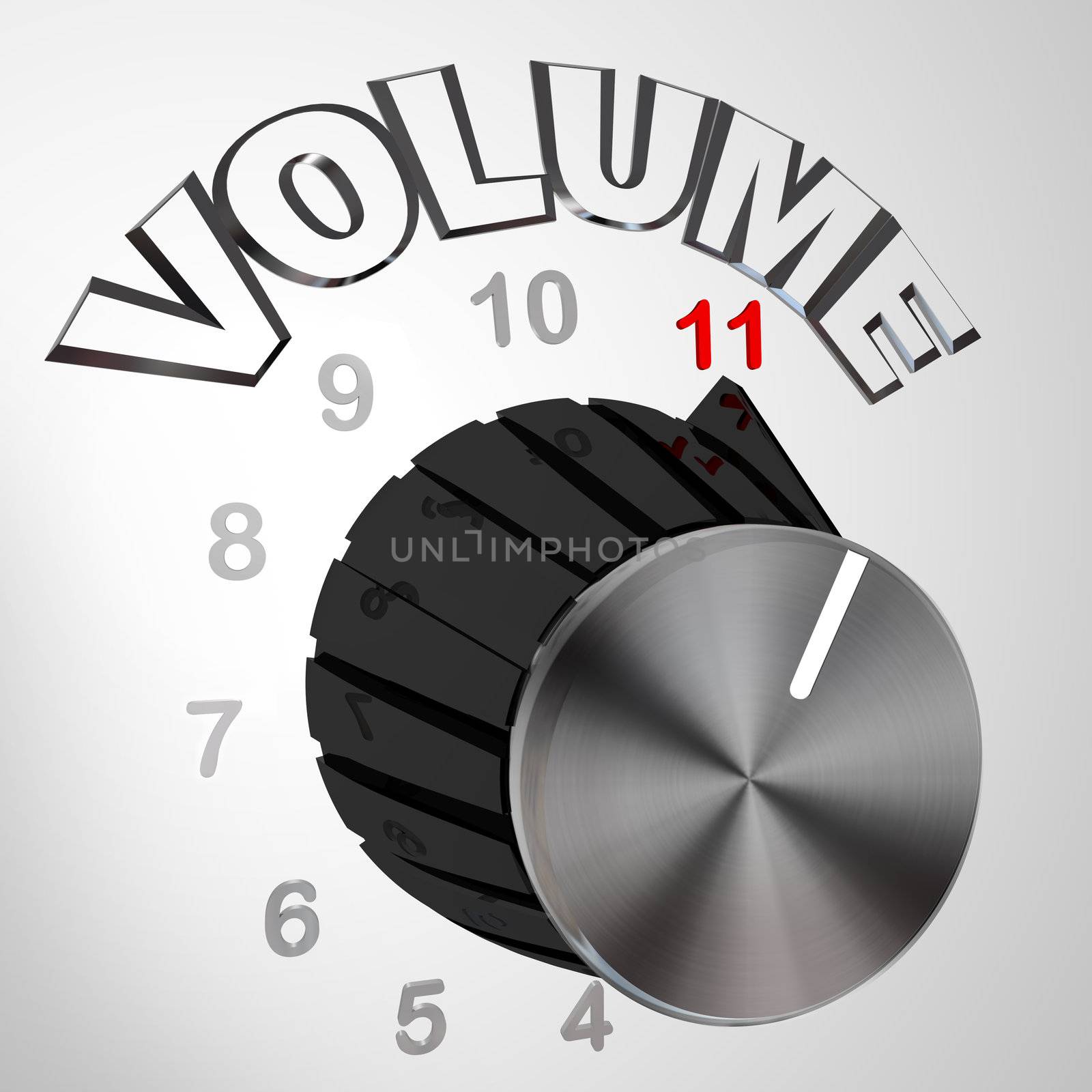 A volume dial or knob turned all the way to 11 surpassing and exceeding the normal maximum sound on a speaker or amplifier, resembling a famous scene from a mock rock documentary