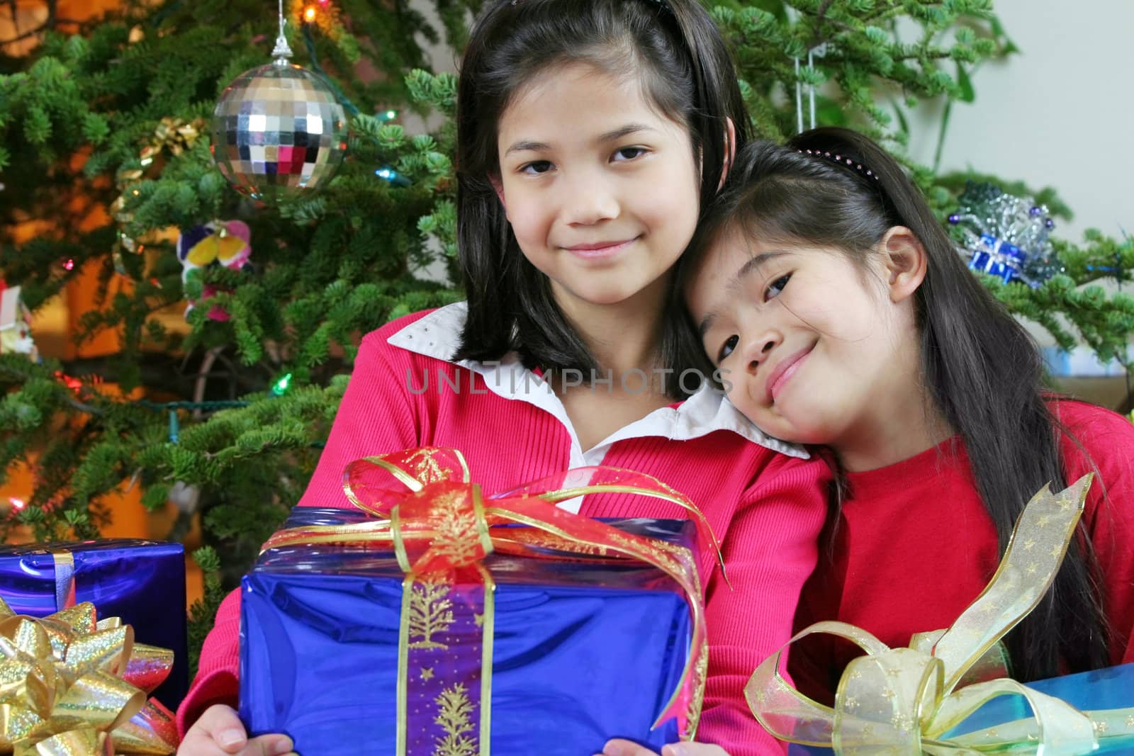 Two little girls with Christmas presents by jarenwicklund