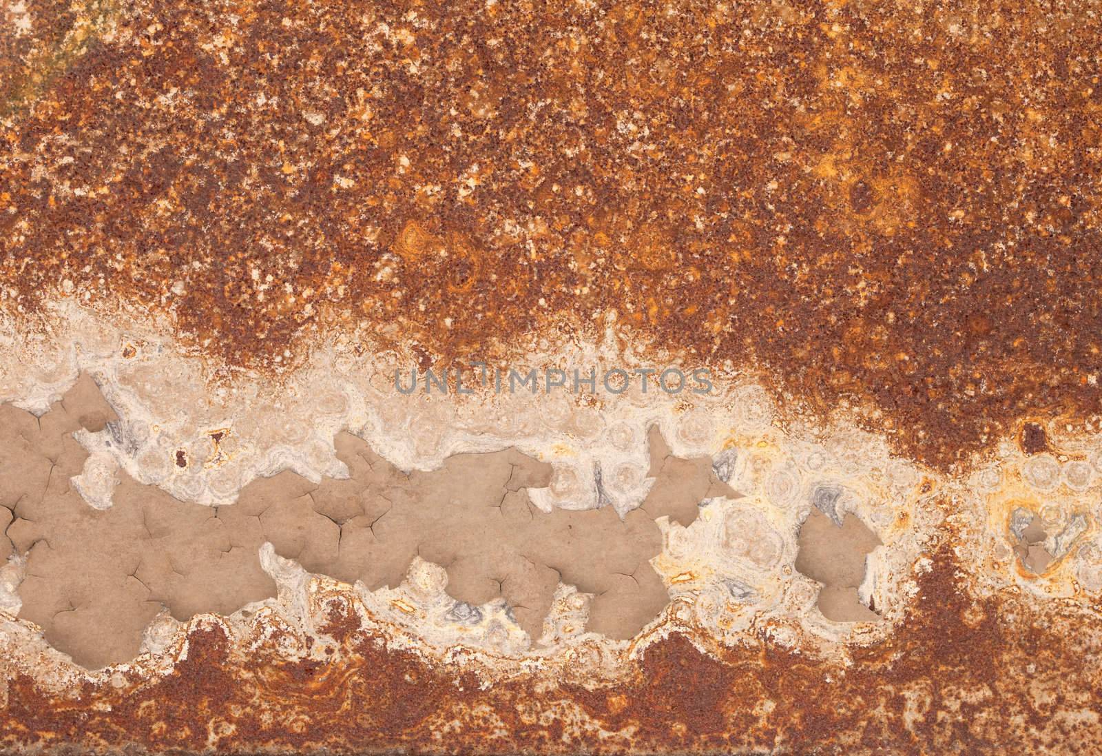 Rusty iron sheet with the peeled paint and corrosion stains background